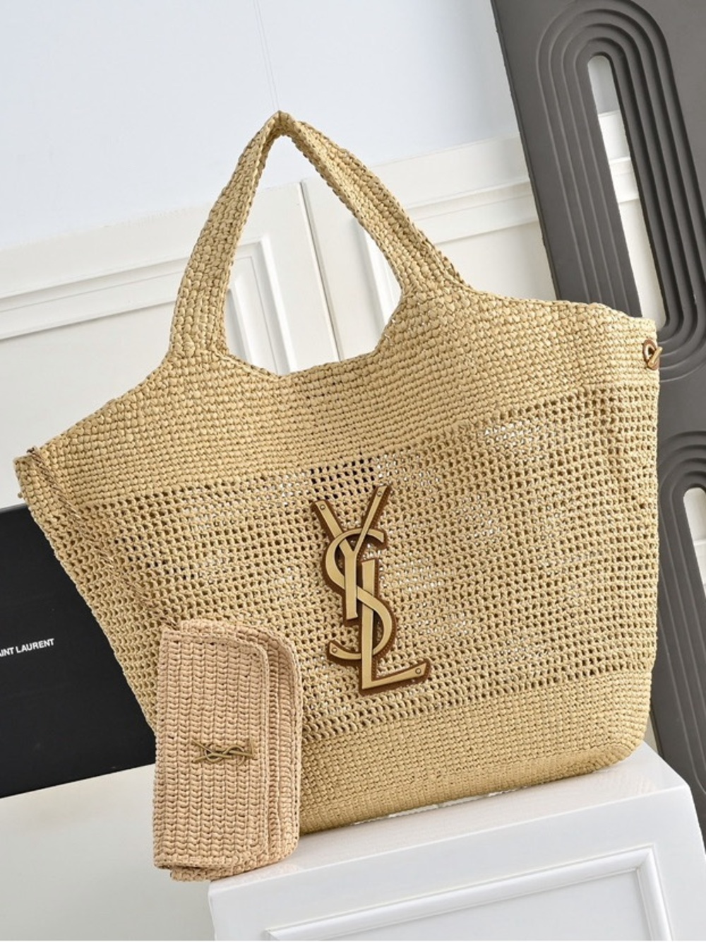 Beige Woven Tote with Gold Logo